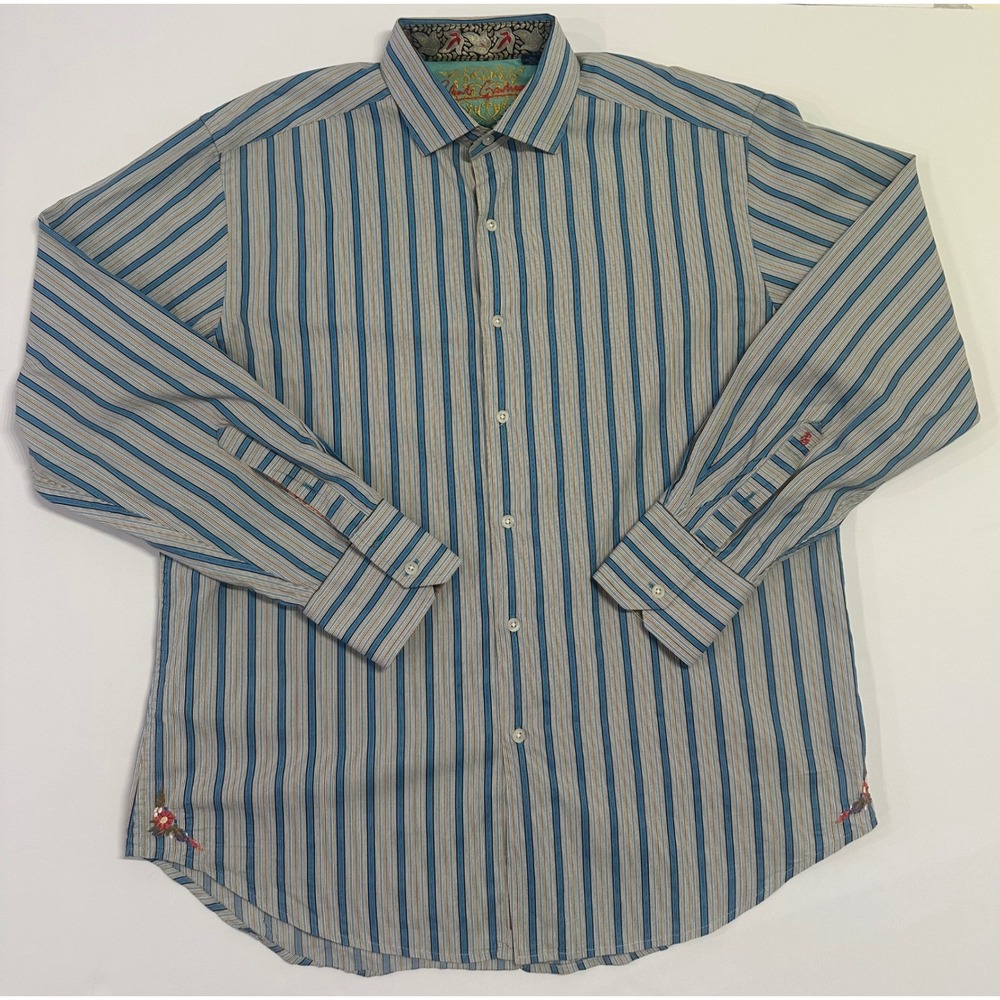Robert Graham Mens XL Blue Tan Striped Long Sleeve Button Down Shirt Floral
